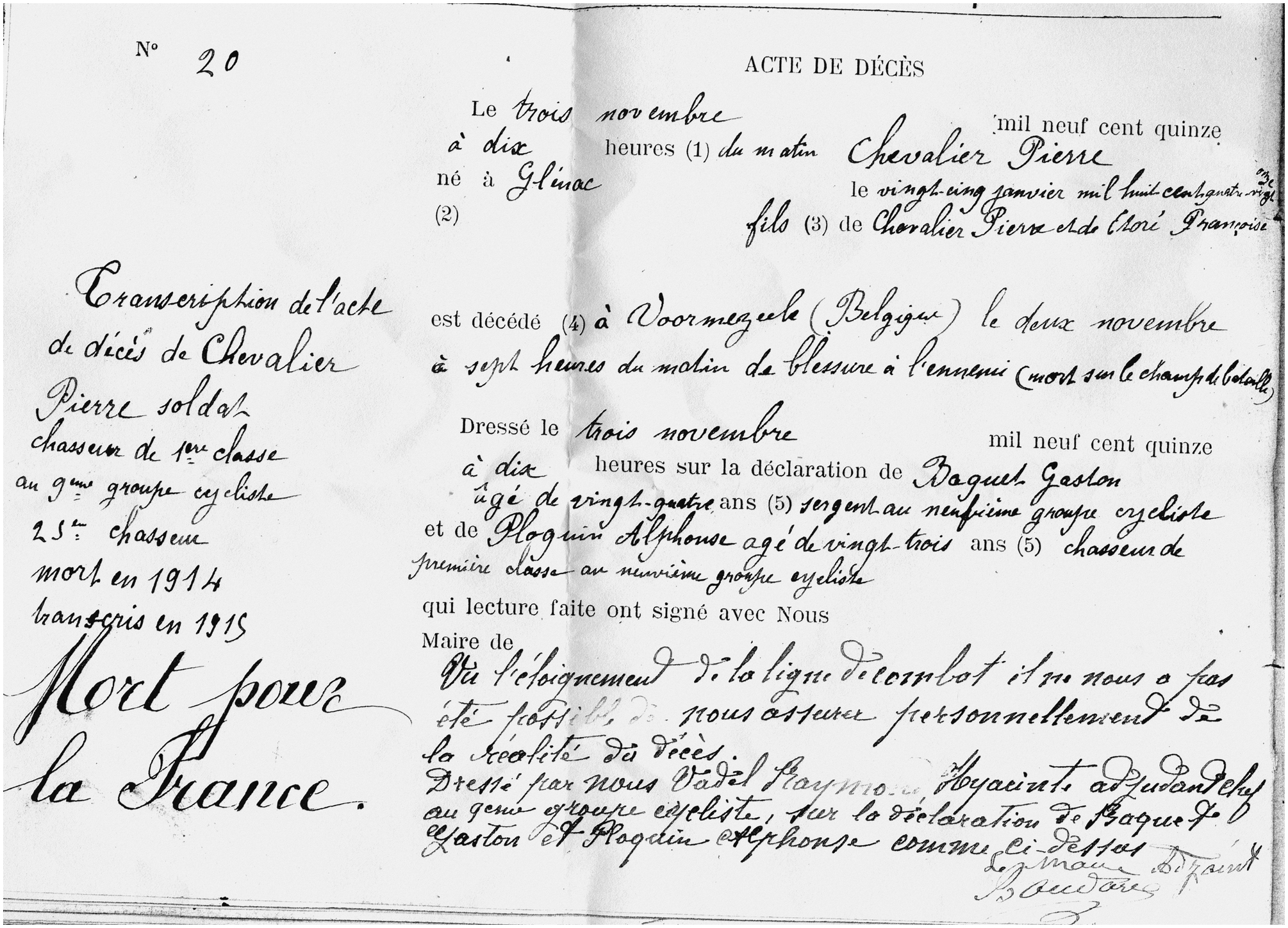 Acte de Décès de Mr CHEVALIER Pierre 