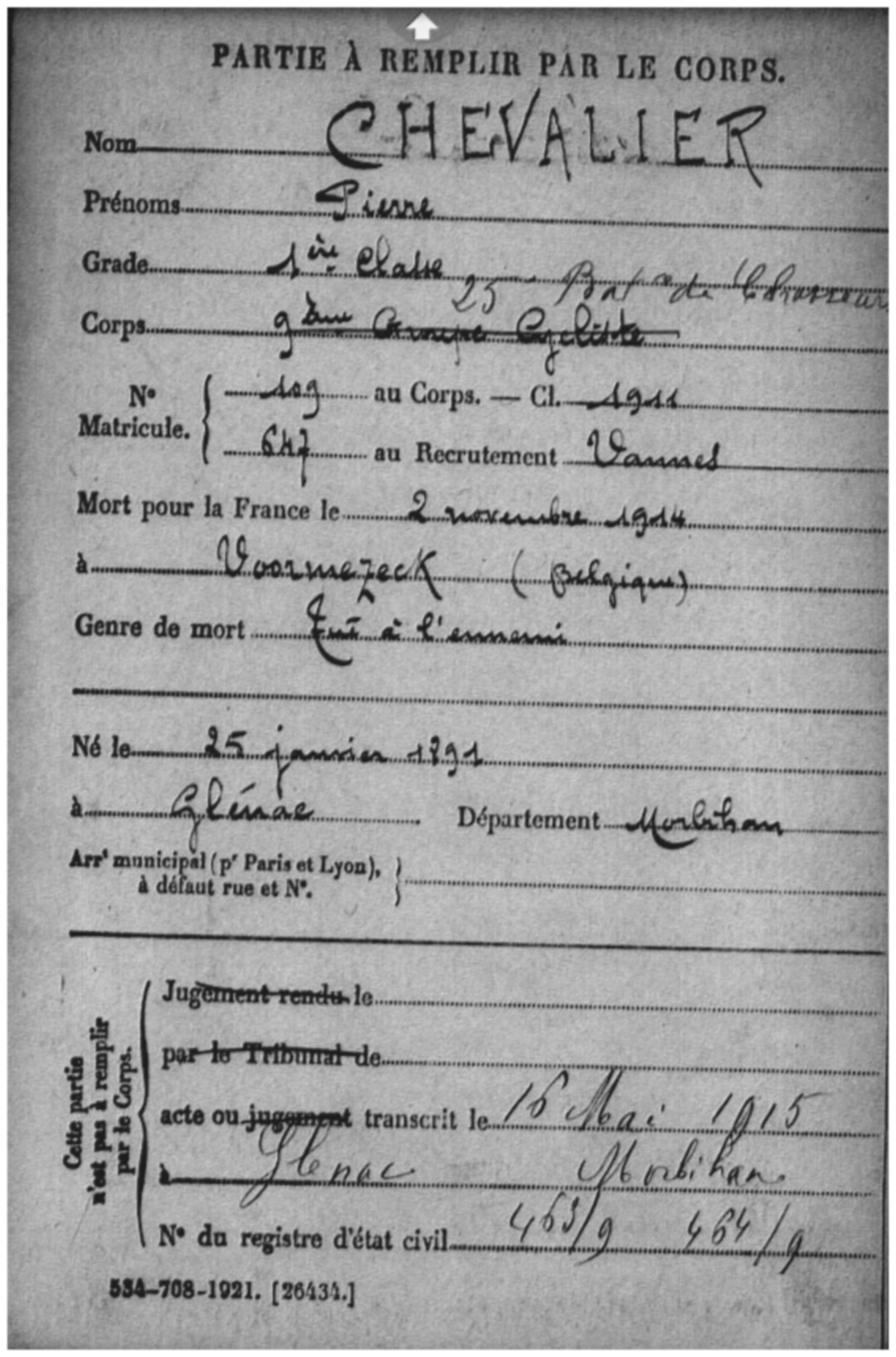 Fiche de decès de Mr CHEVALIER Pierre - 