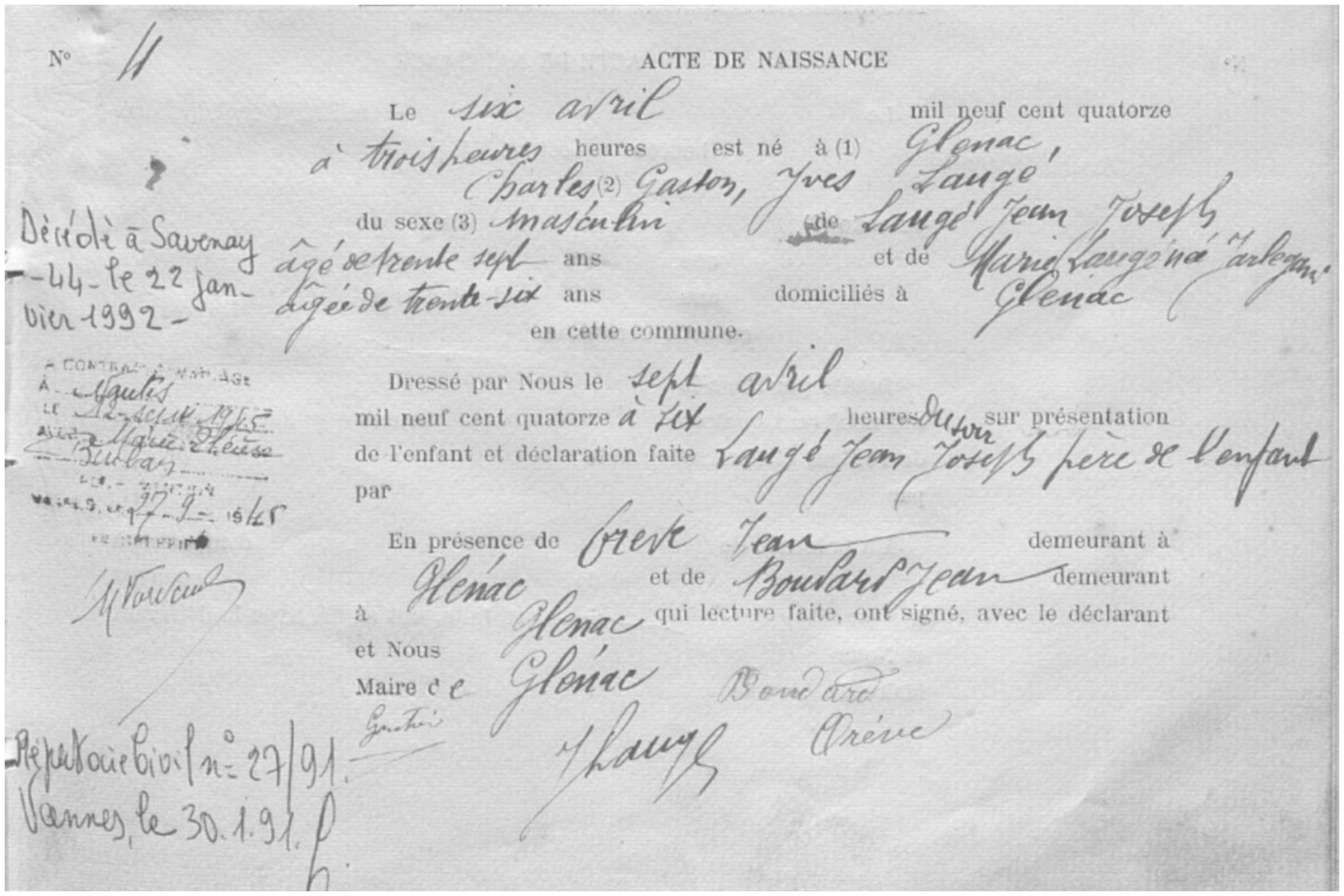 Bulletin de Naissance de M. Charles Lauge - 