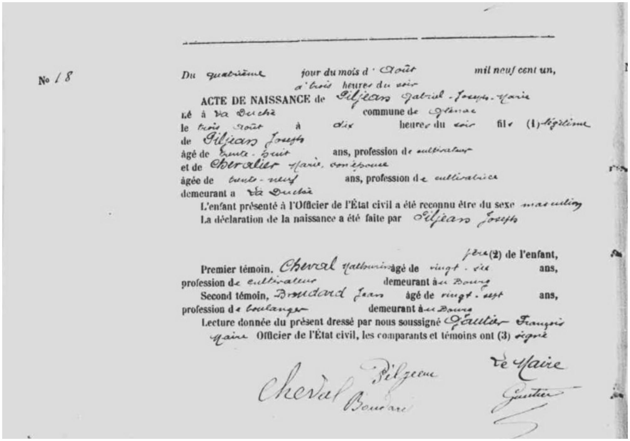 Bulletin de Naissance de M. Gabriel Piljean - 