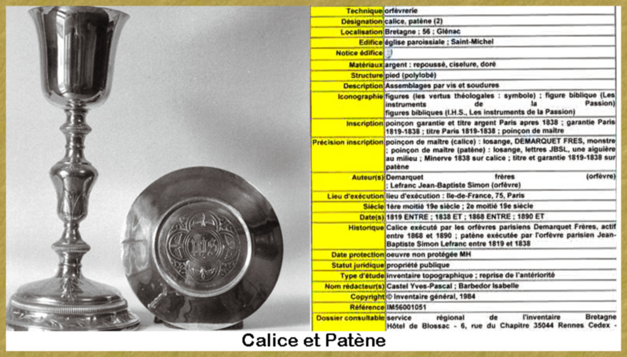 Recensement de Calice et Patène  