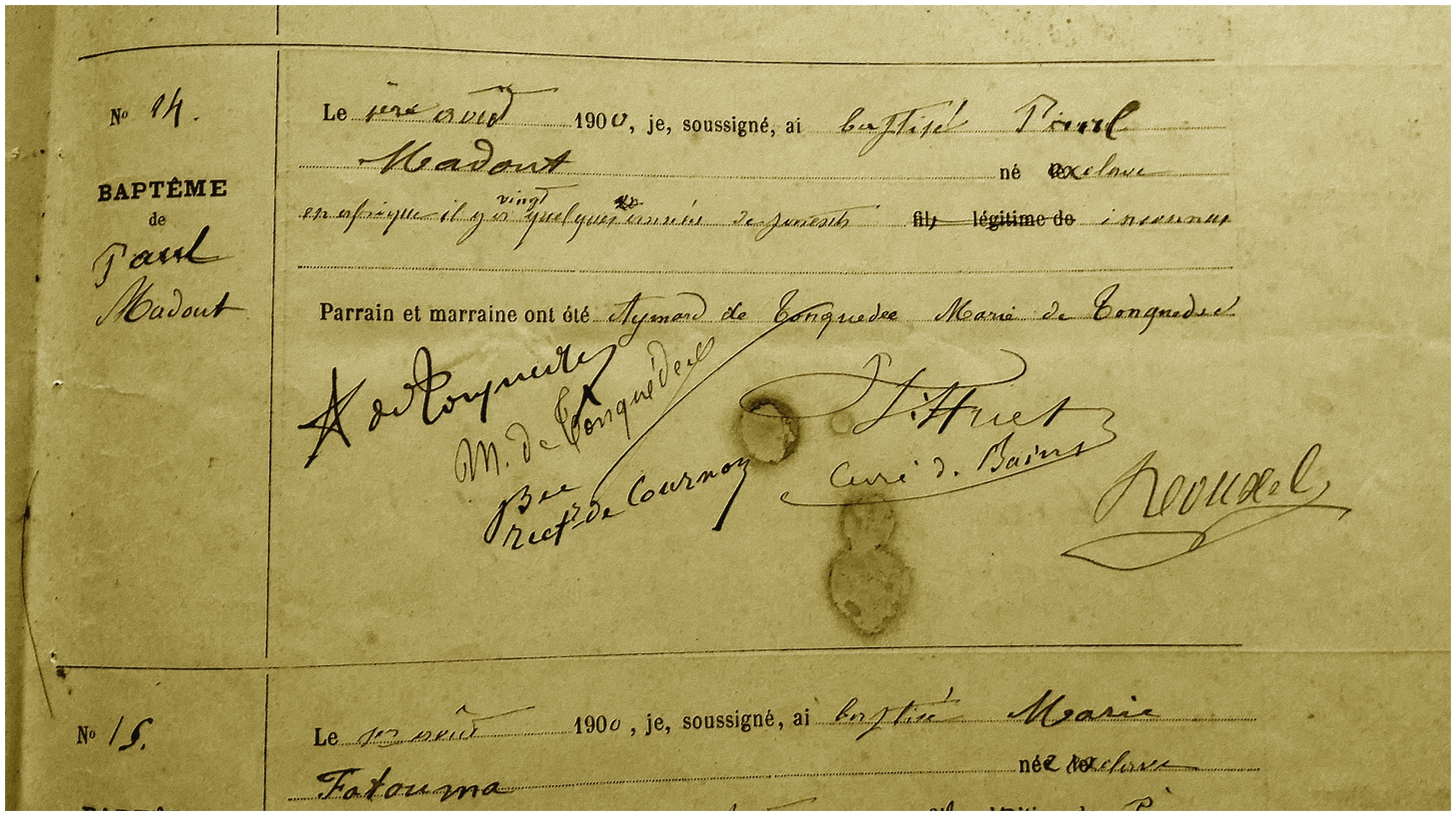 Certificat de Baptême de Paul MADOUT 